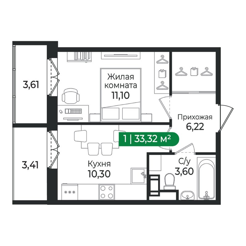 1 ккв 33,3 м²