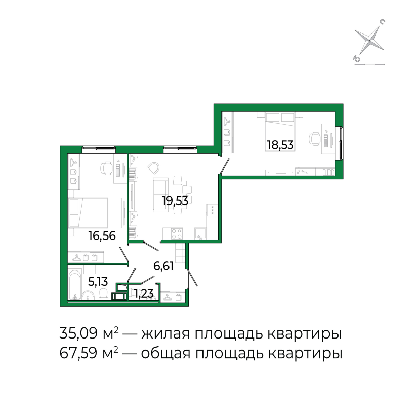 3 ккв (Евро) 67,3 м²