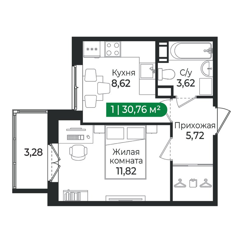 1 ккв 30,8 м²