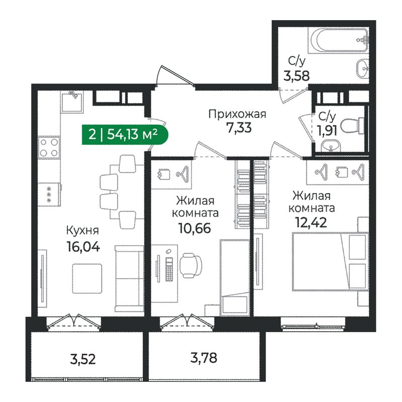 3 ккв (Евро) 54,1 м²