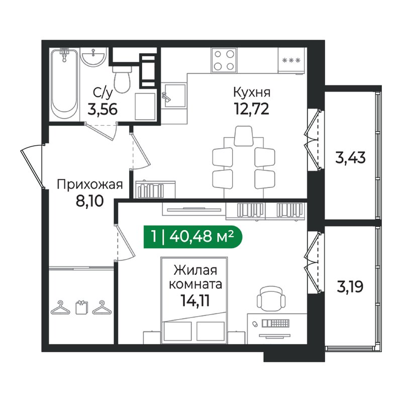 1 ккв 40,5 м²