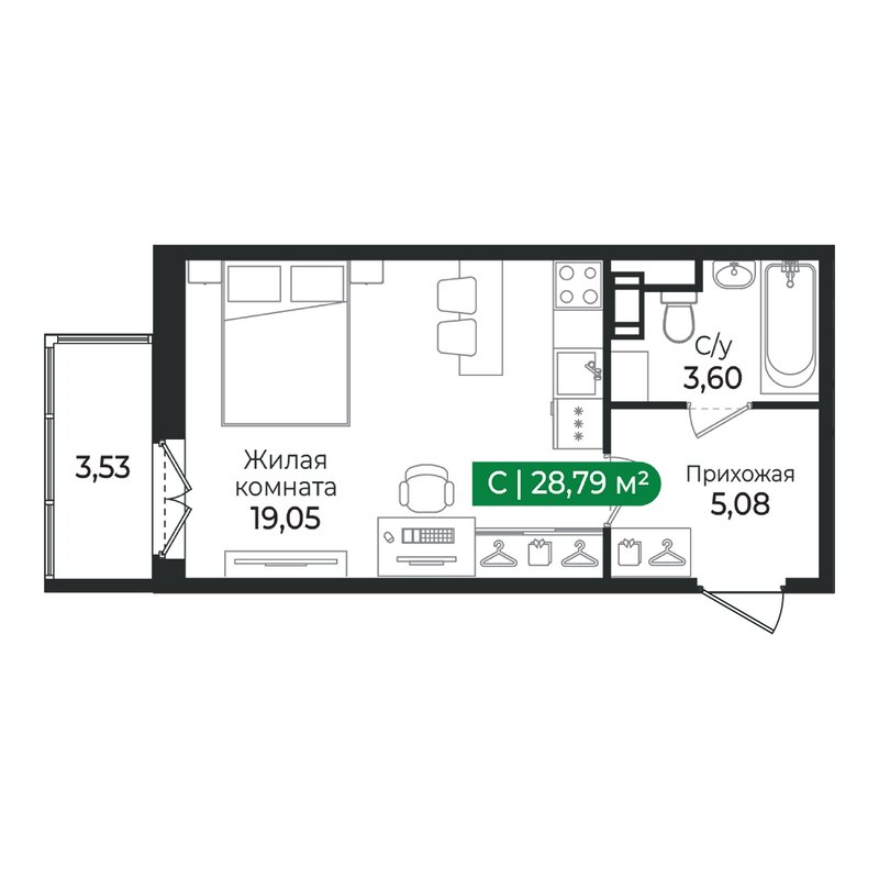 Студия 28,8 м²