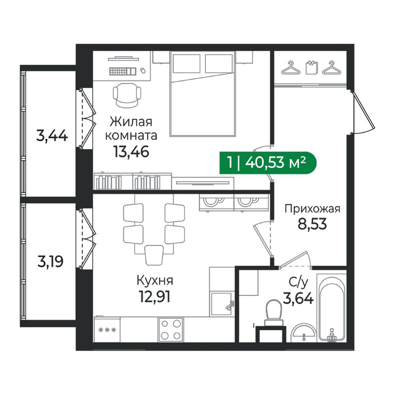 1 ккв 40,5 м²