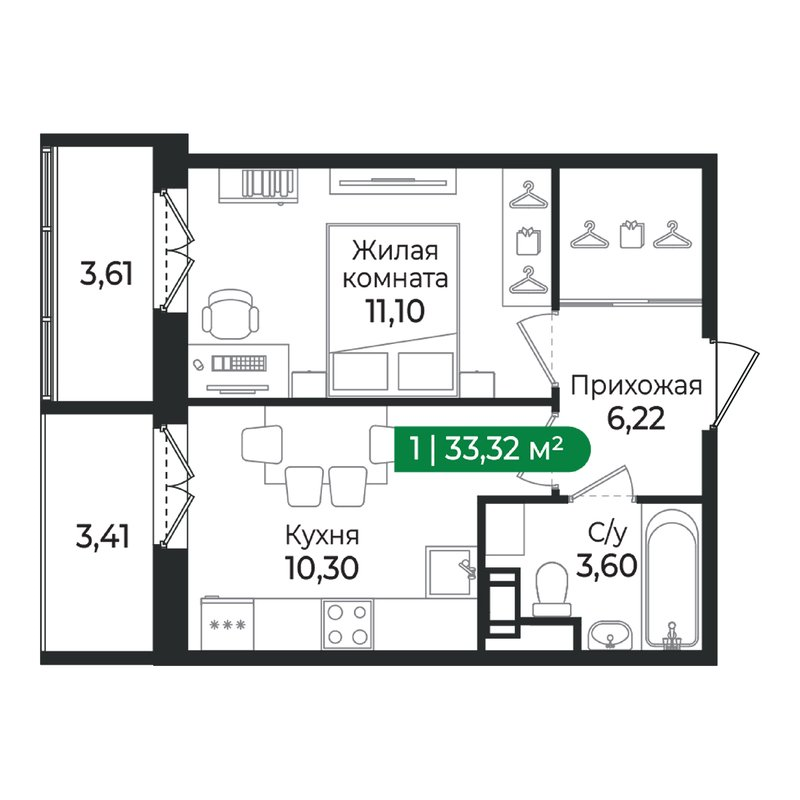 1 ккв 33,3 м²