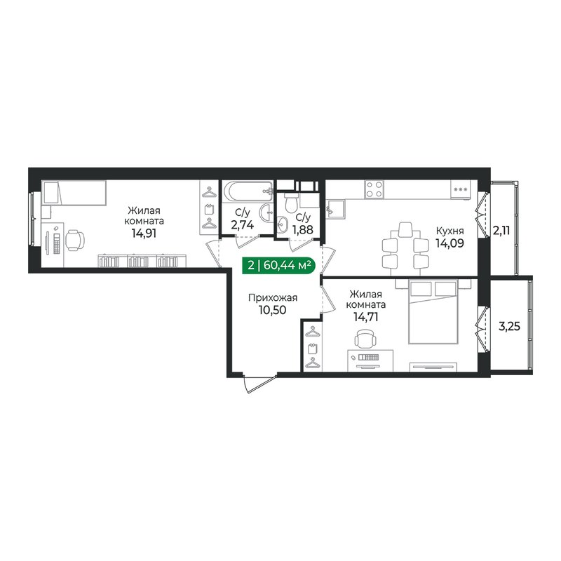 2 ккв 60,4 м²