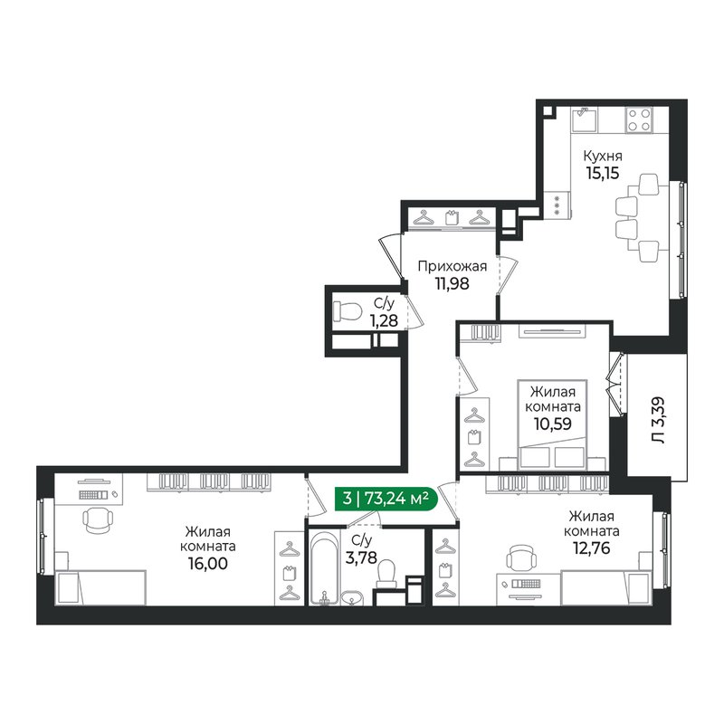 4 ккв (Евро) 73,2 м²