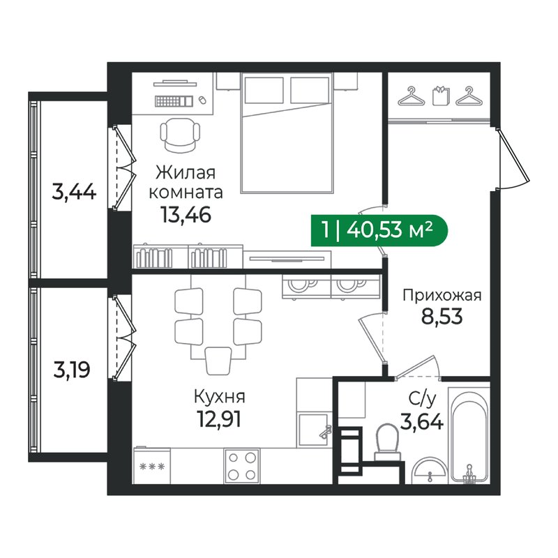1 ккв 40,5 м²