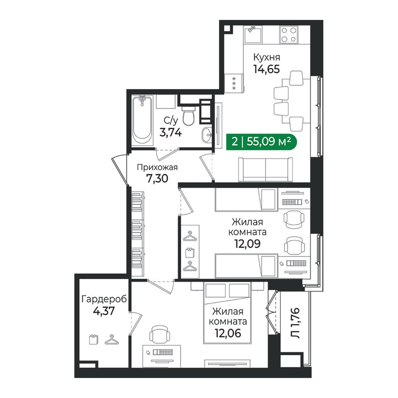 2 ккв 55,1 м²