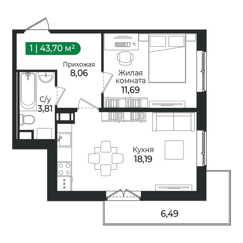 2 ккв (Евро) 43,7 м²