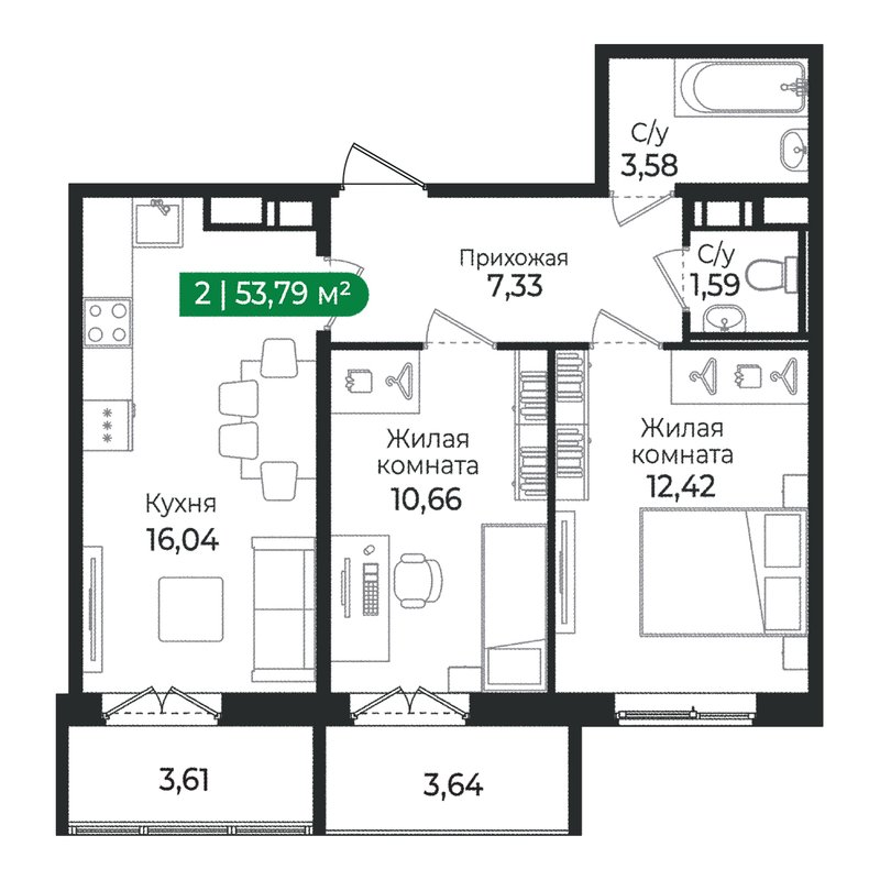 3 ккв (Евро) 53,8 м²