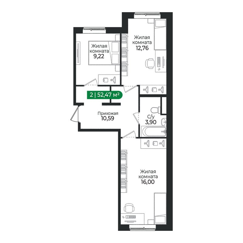 2 ккв 52,5 м²