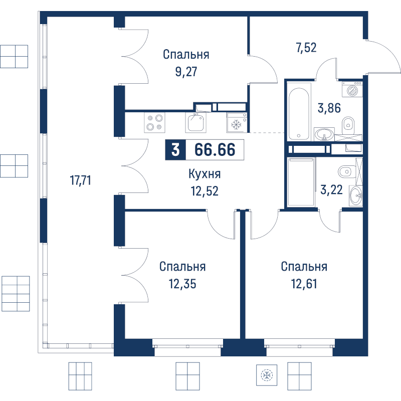3 ккв 66,7 м²