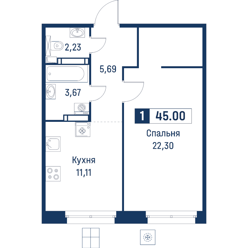 1 ккв 45 м²