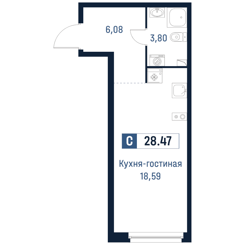 Студия 28,5 м²