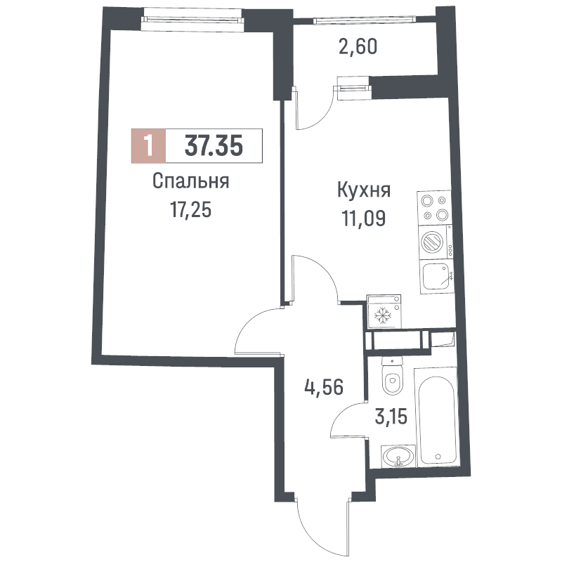 1 ккв 37,4 м²