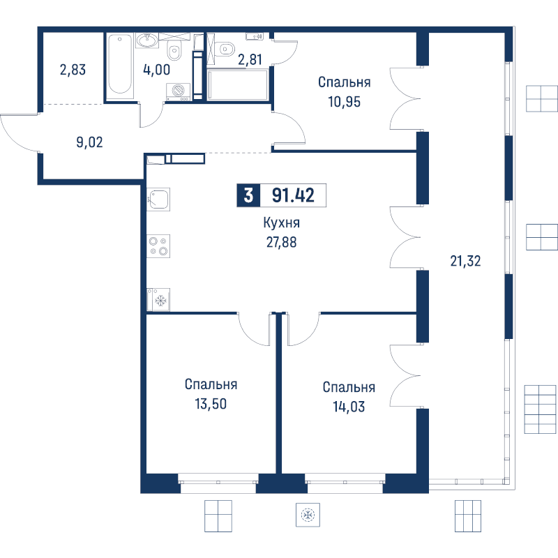 4 ккв (Евро) 91,4 м²