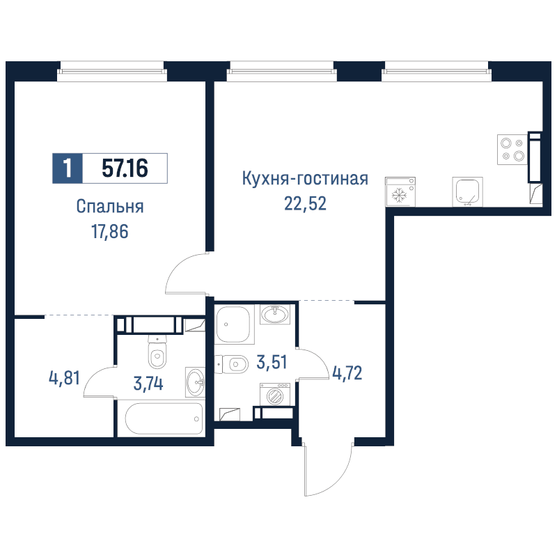 2 ккв (Евро) 57,2 м²