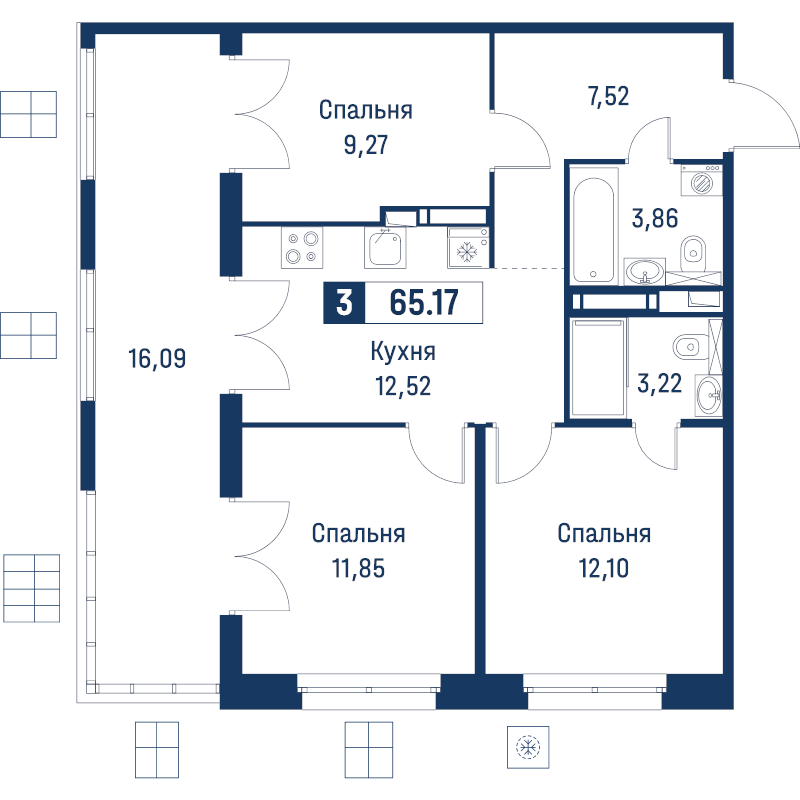 3 ккв 65,2 м²