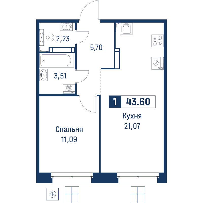 2 ккв (Евро) 43,6 м²