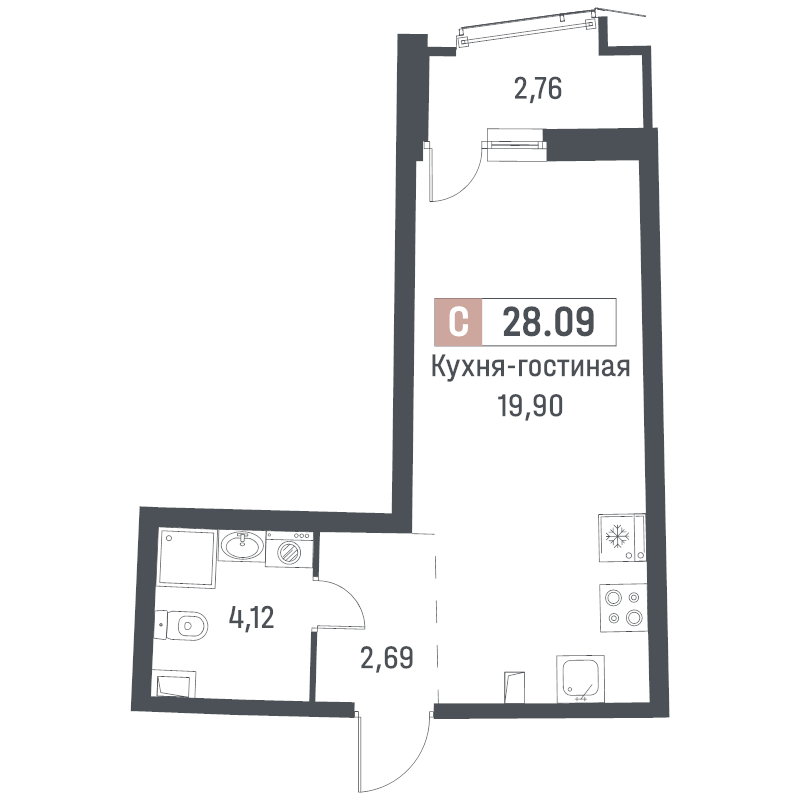 Студия 28,1 м²