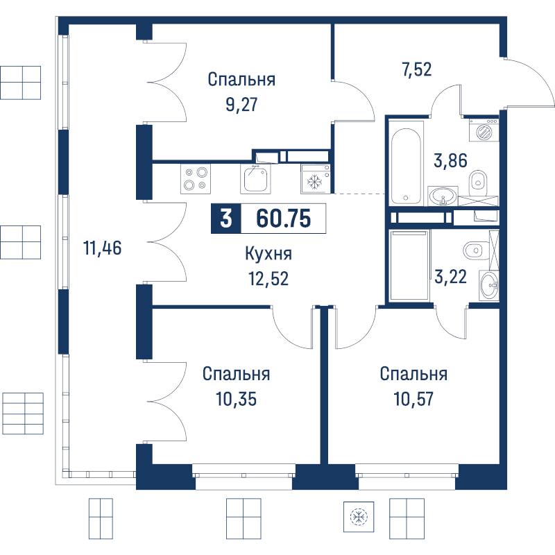 3 ккв 60,8 м²