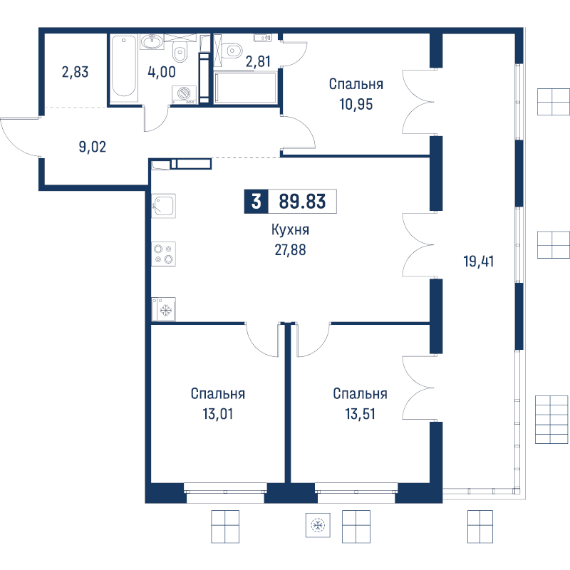 4 ккв (Евро) 89,8 м²