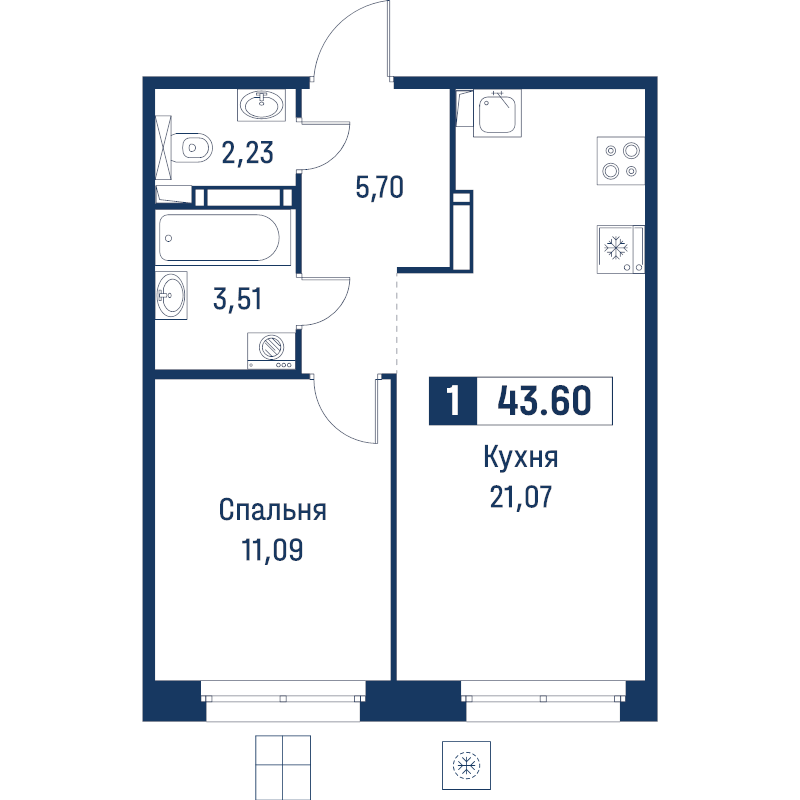 2 ккв (Евро) 43,6 м²