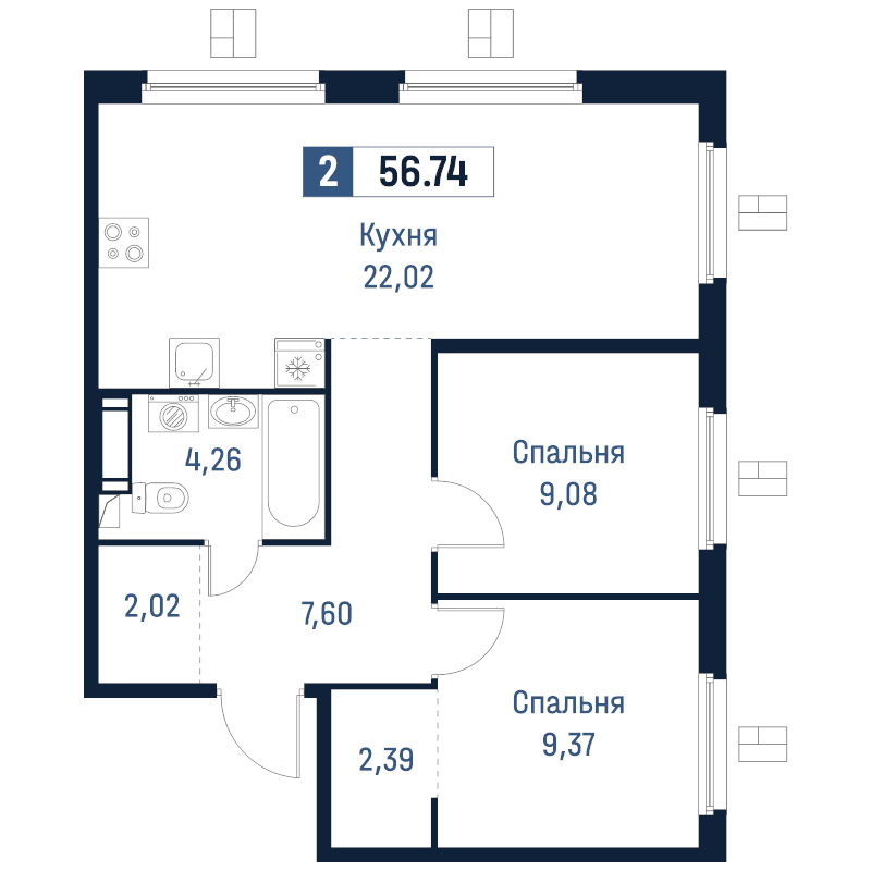 3 ккв (Евро) 56,7 м²