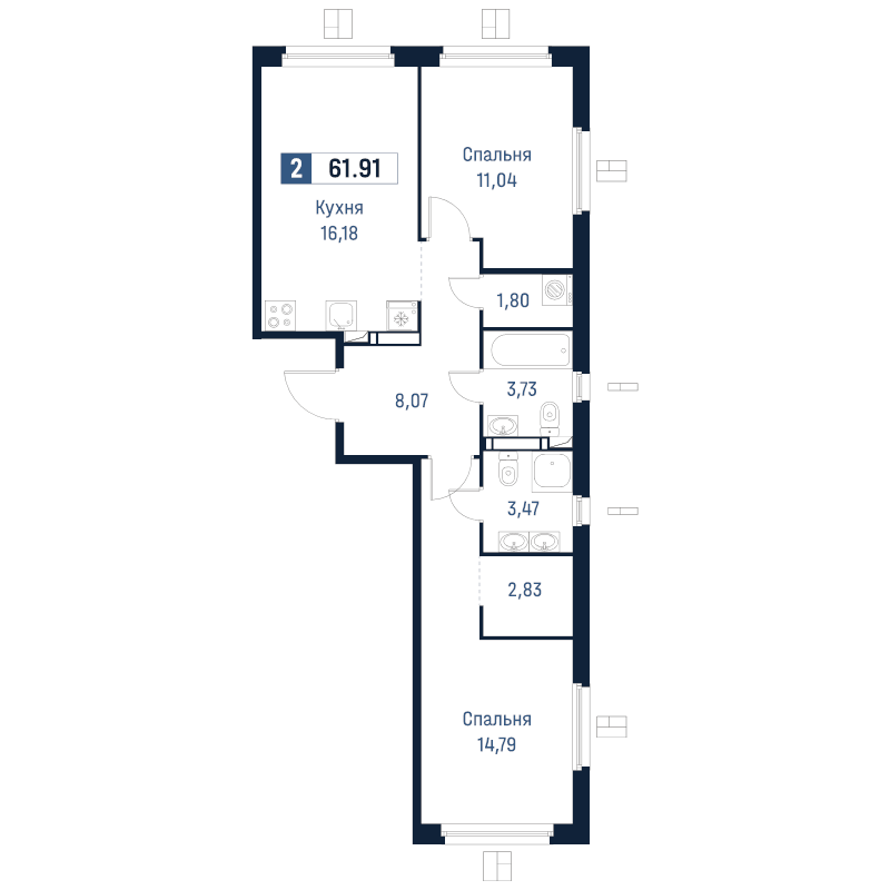 3 ккв (Евро) 61,9 м²
