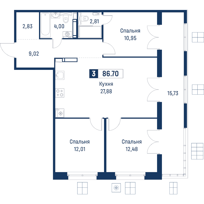 4 ккв (Евро) 86,7 м²