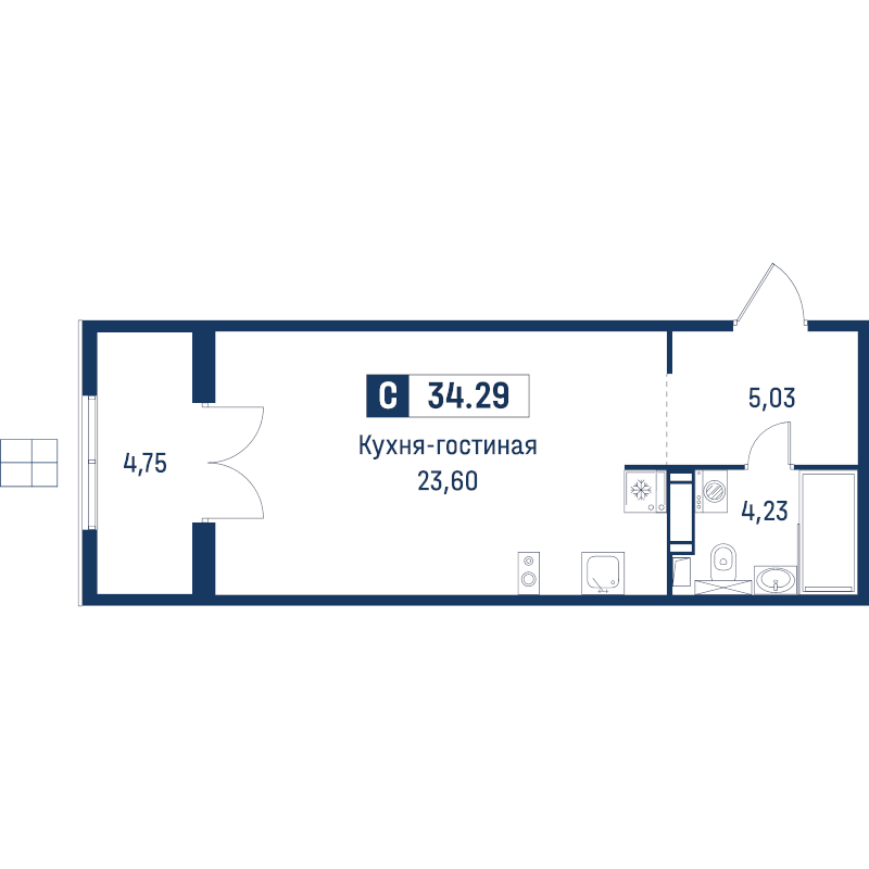 Студия 34,3 м²