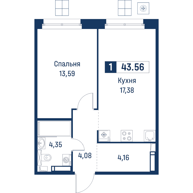 2 ккв (Евро) 43,6 м²