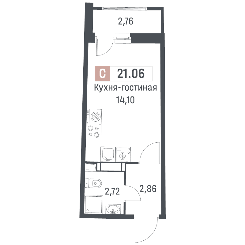 Студия 21,1 м²