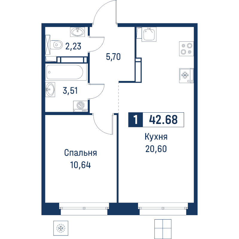 2 ккв (Евро) 42,7 м²