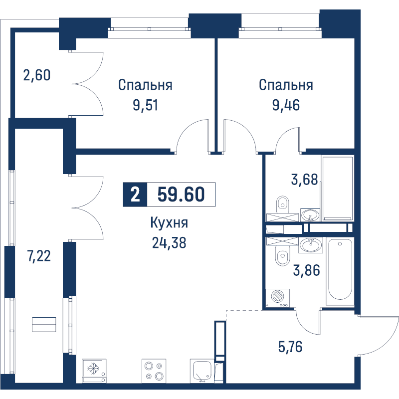 3 ккв (Евро) 59,6 м²