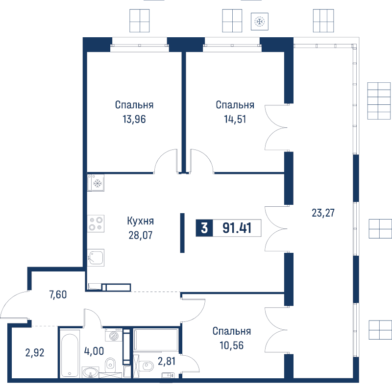 4 ккв (Евро) 91,4 м²