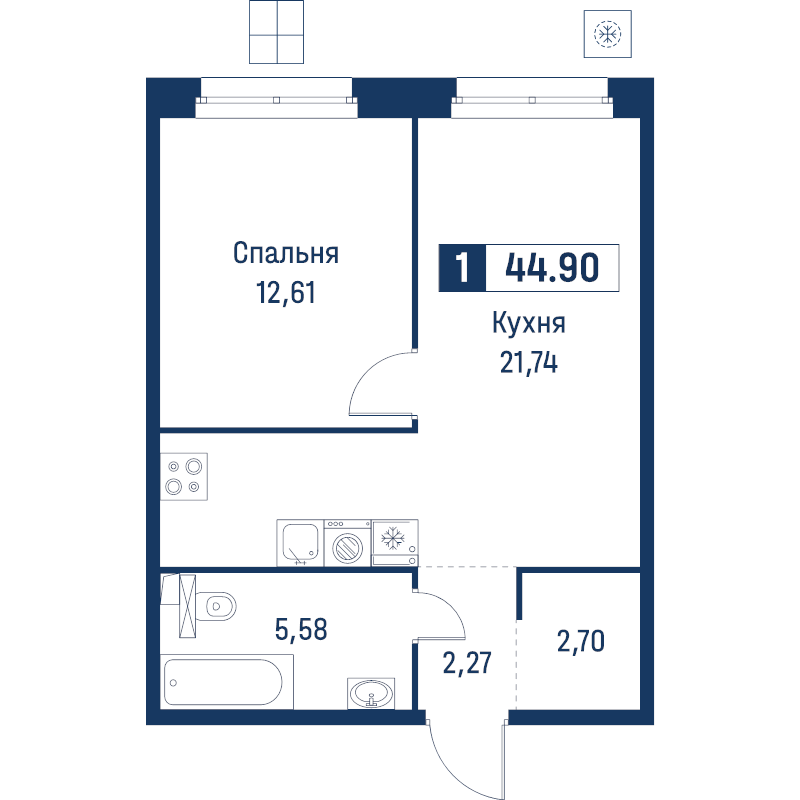 2 ккв (Евро) 44,9 м²
