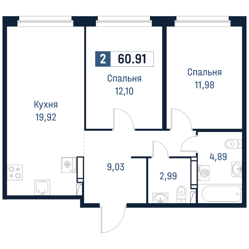 3 ккв (Евро) 60,9 м²