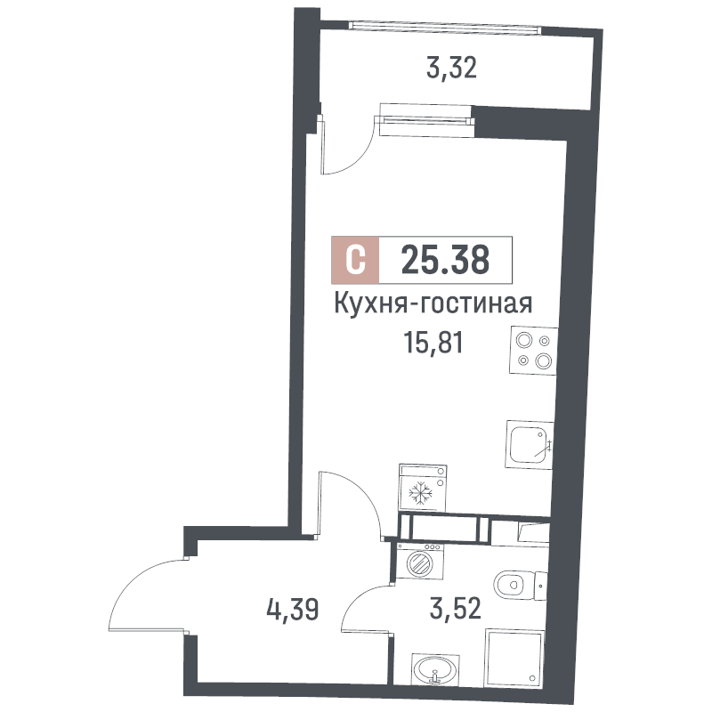 Студия 25,4 м²