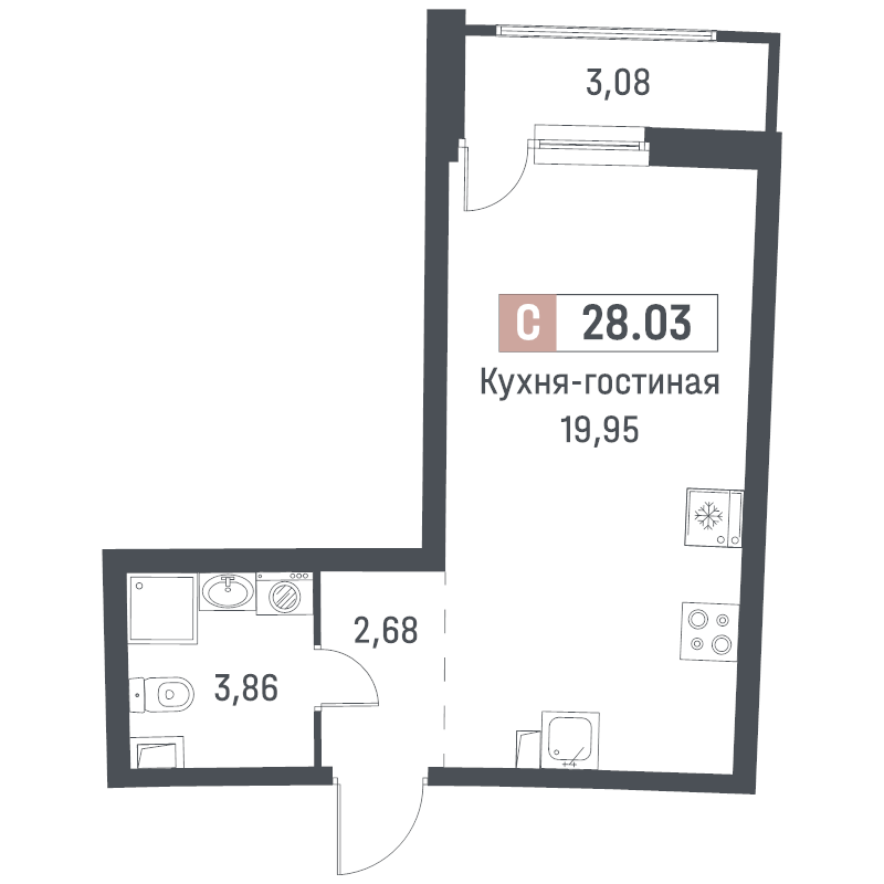 Студия 28 м²