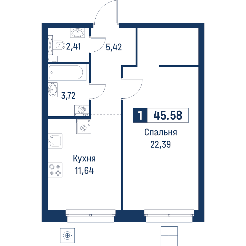 1 ккв 45,6 м²