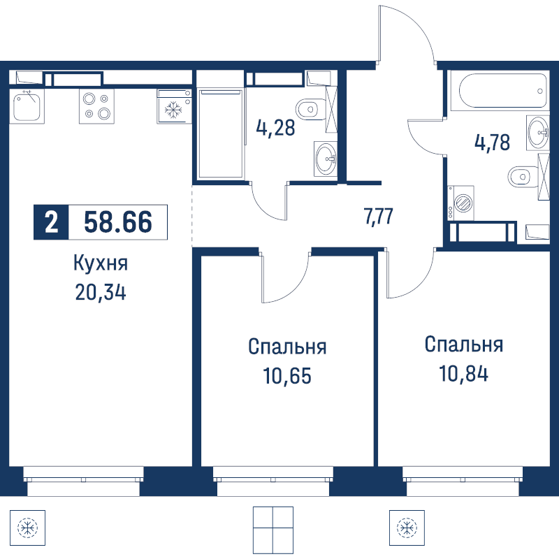 2 ккв (Евро) 58,7 м²