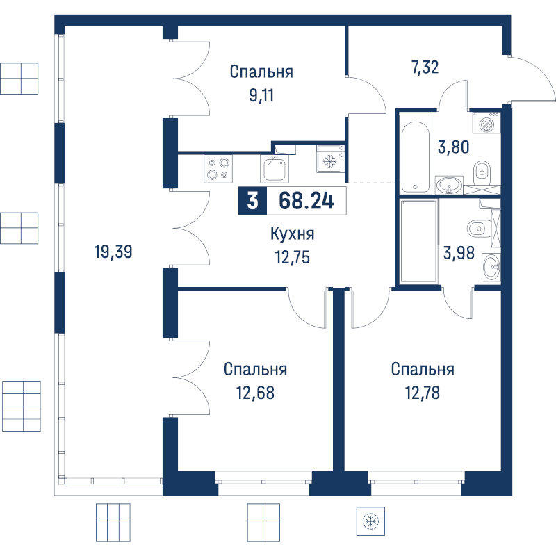 3 ккв 68,2 м²