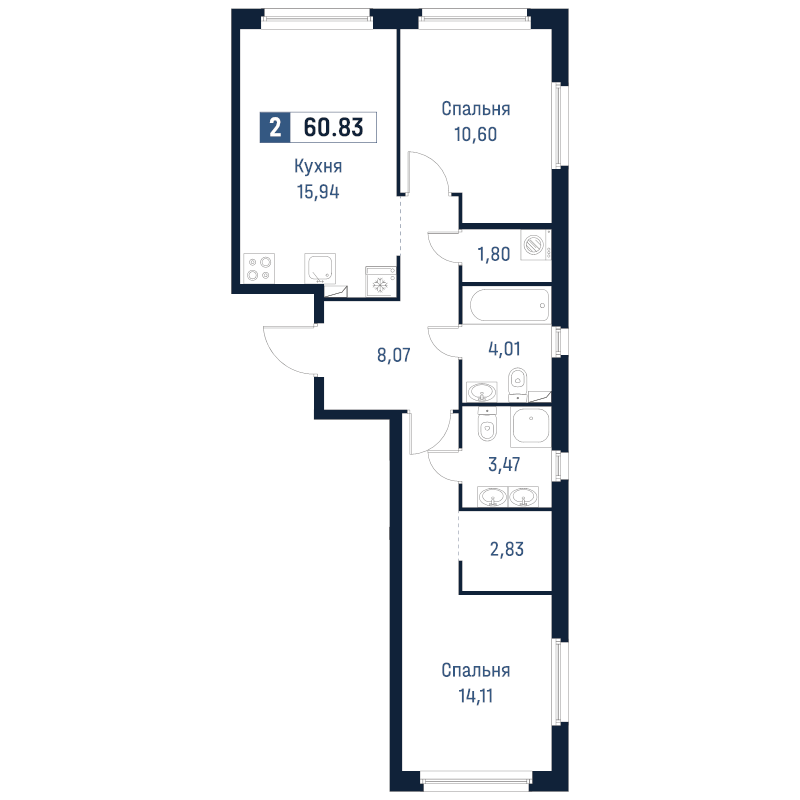 3 ккв (Евро) 60,8 м²