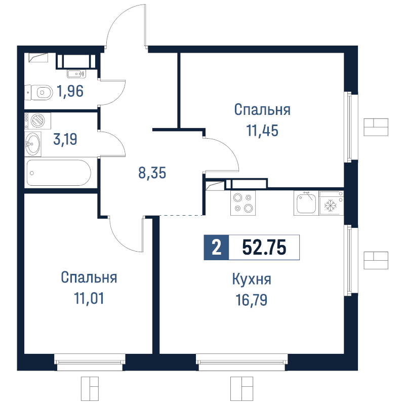 3 ккв (Евро) 52,8 м²