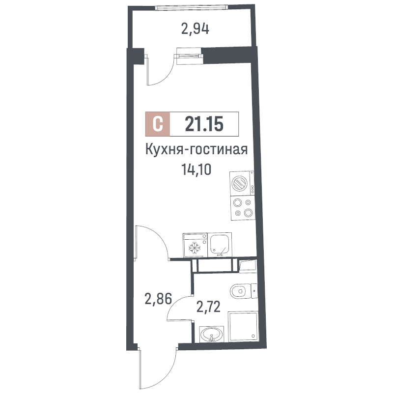 Студия 21,2 м²