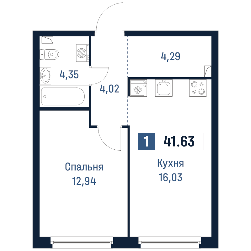 2 ккв (Евро) 41,6 м²