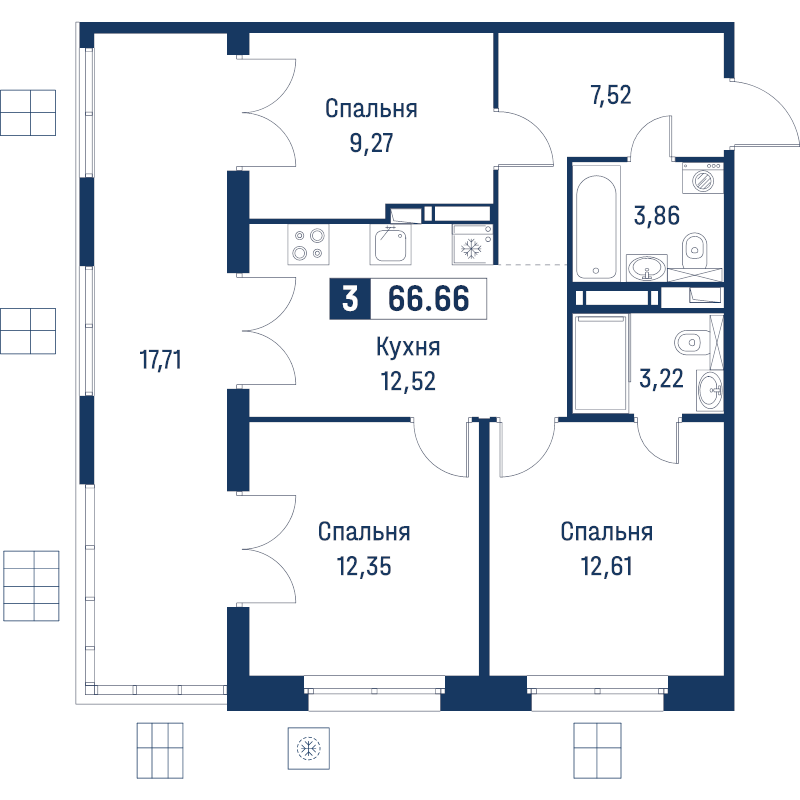 3 ккв 66,7 м²