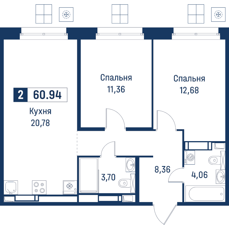 3 ккв (Евро) 60,9 м²