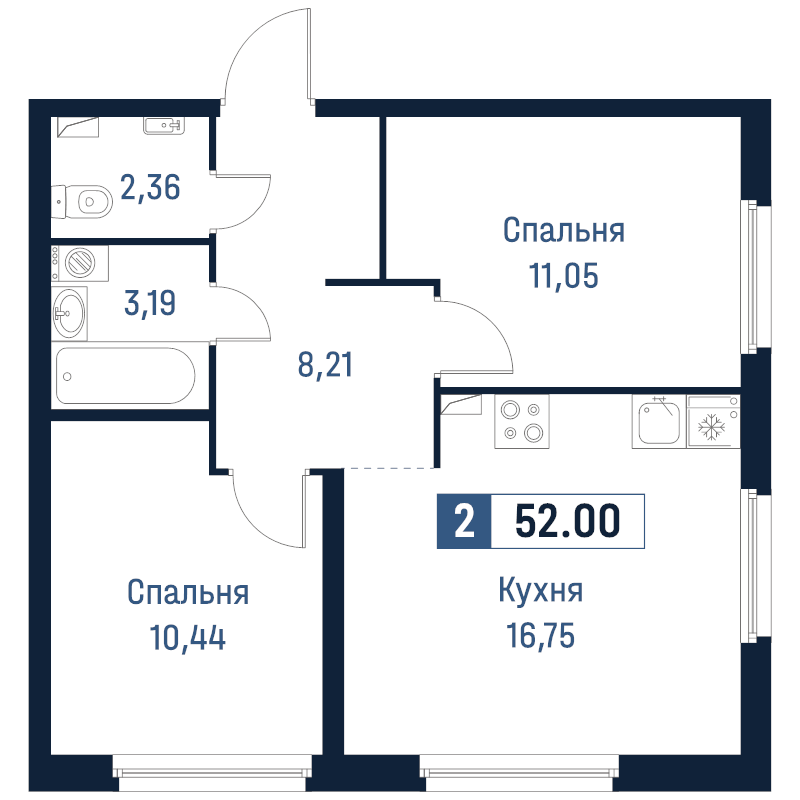 3 ккв (Евро) 52 м²